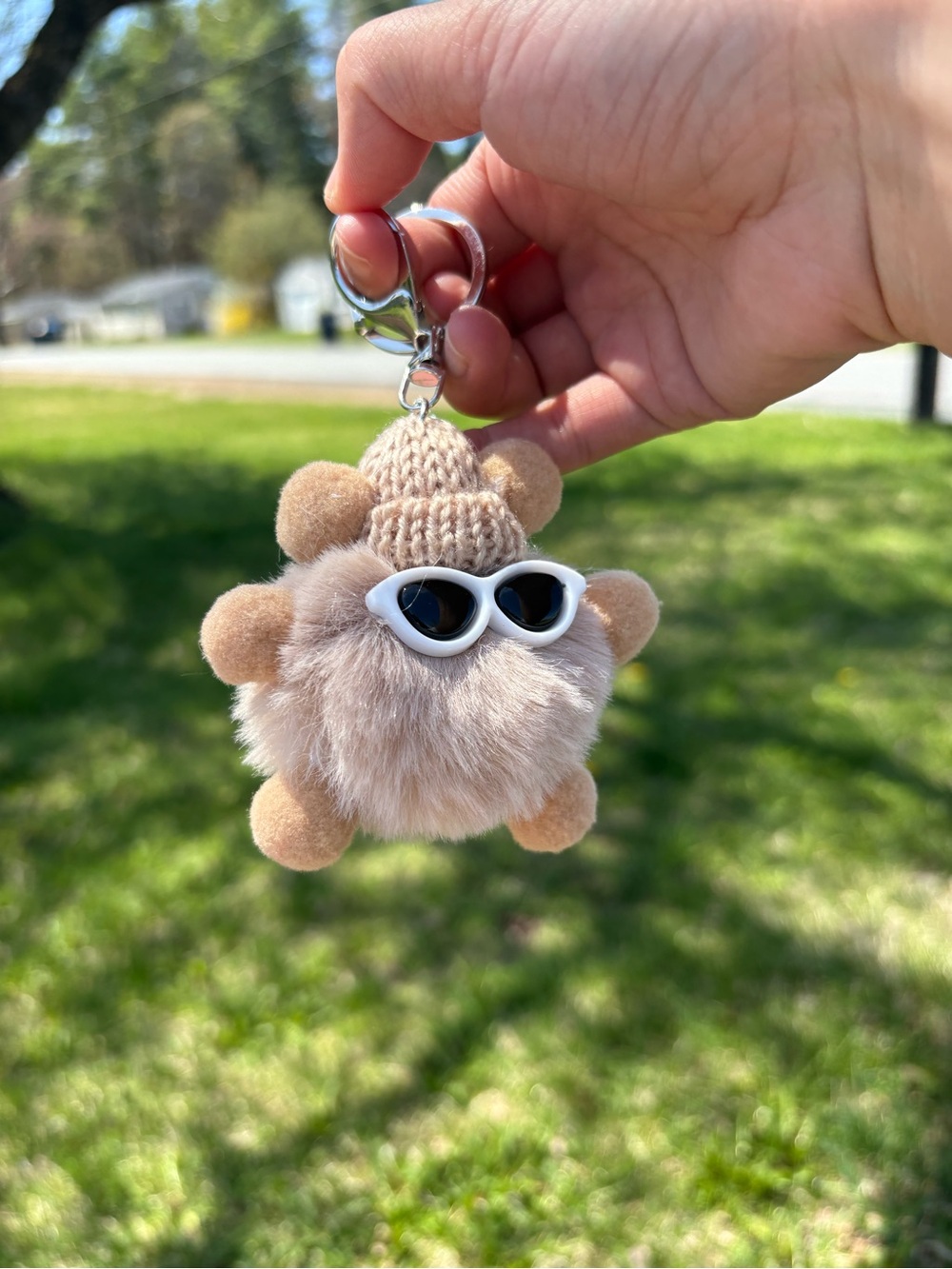 Cute Fuzzy Pom Pom Keychain Bag Charm with Sunglasses, Kawaii Plush Keyring Gift